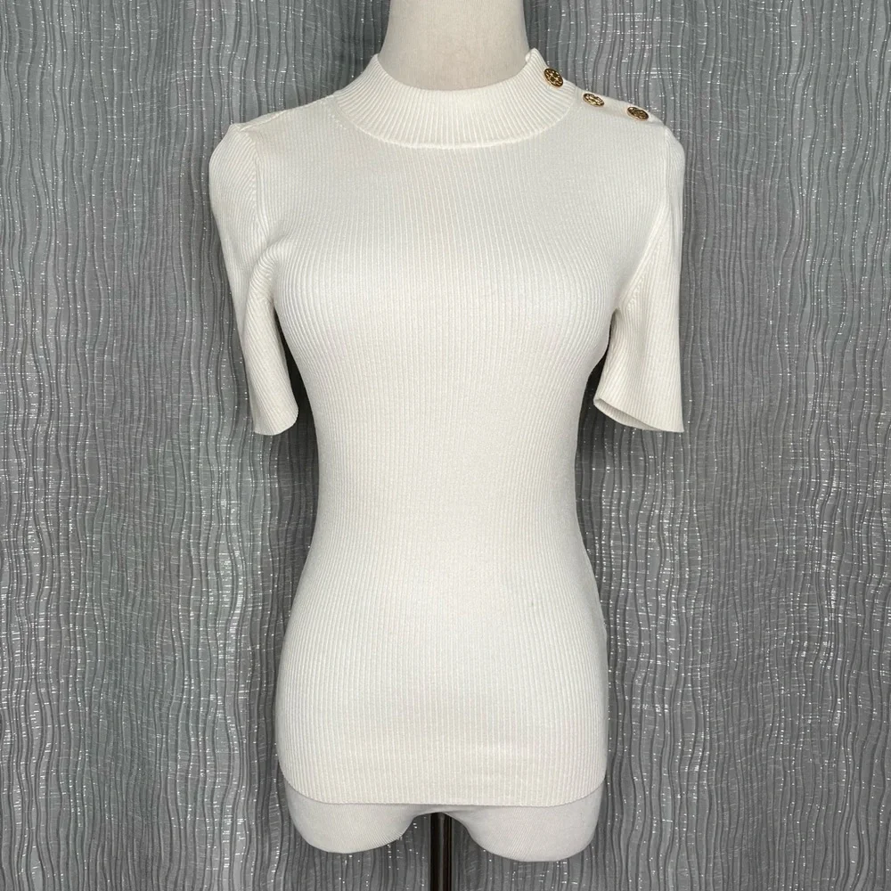 Tory Burch Logo Button ribbed short sleeve sweater - Picture 2 of 8